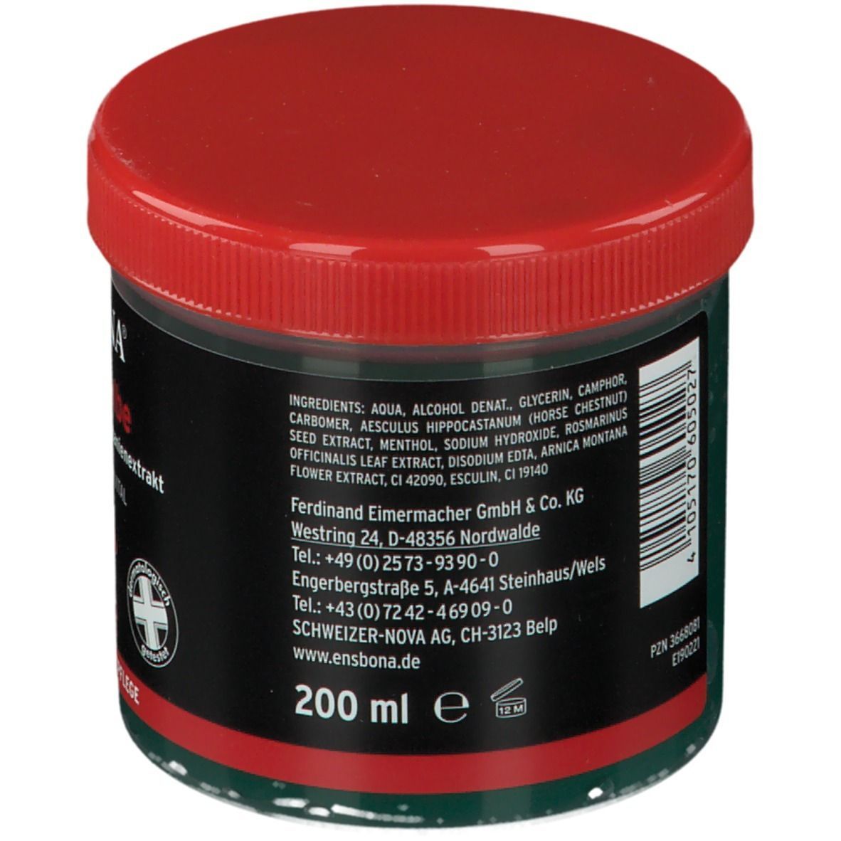 Pot de pommade pour chevaux Ensbona, couvercle rouge, pot vert. Dos avec ingrédients, adresse du fabricant et coordonnées.