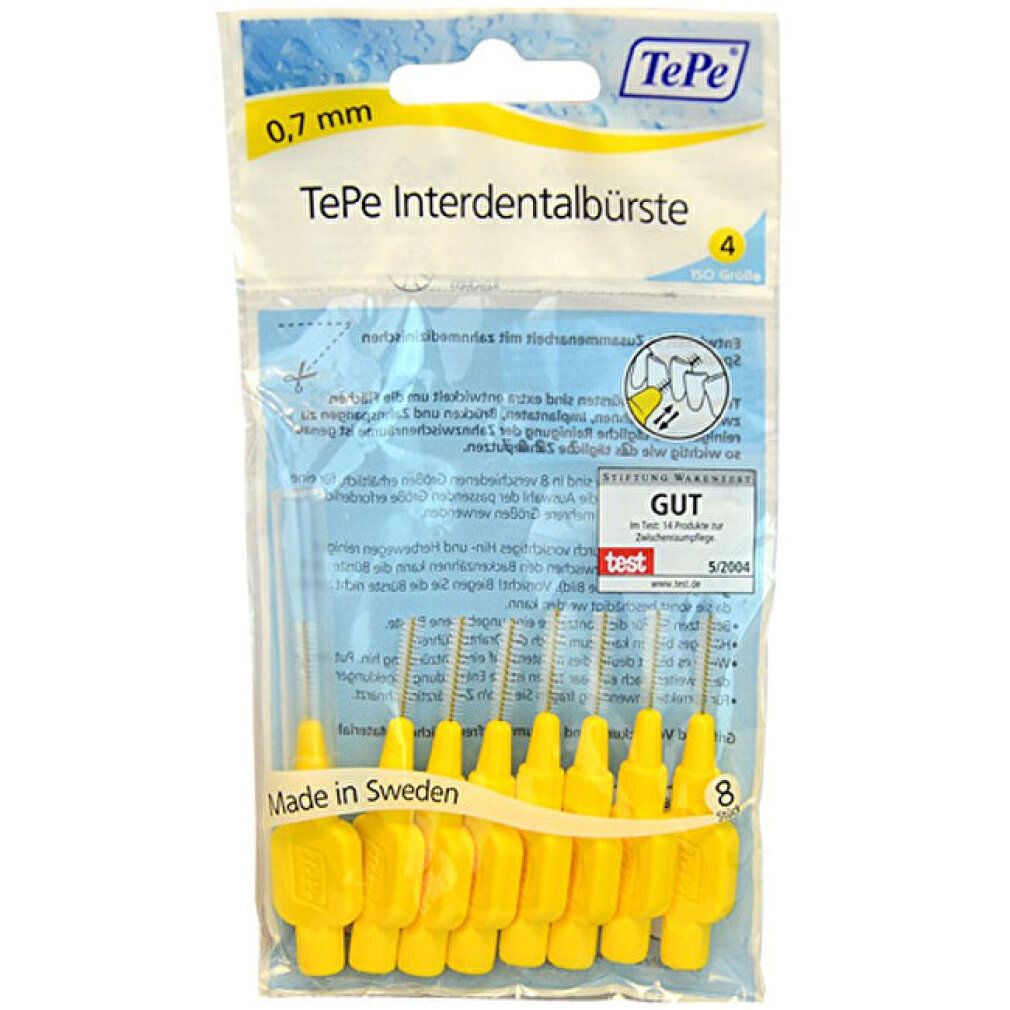 Packung gelber TePe Interdentalbürsten 0,7 mm. 8 Stück. Kunststoffgriff, Borsten. Verpackung mit Produktinformationen und Test-Siegel.