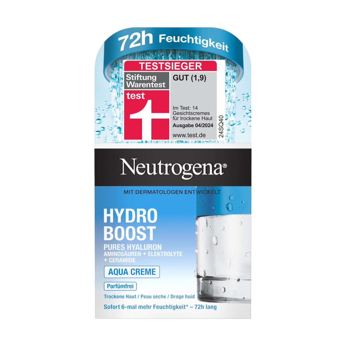 Neutrogena Hydro Boost Aqua Creme. Verpackung mit Test-Siegel. Blaue Kappe. Produktinformationen.