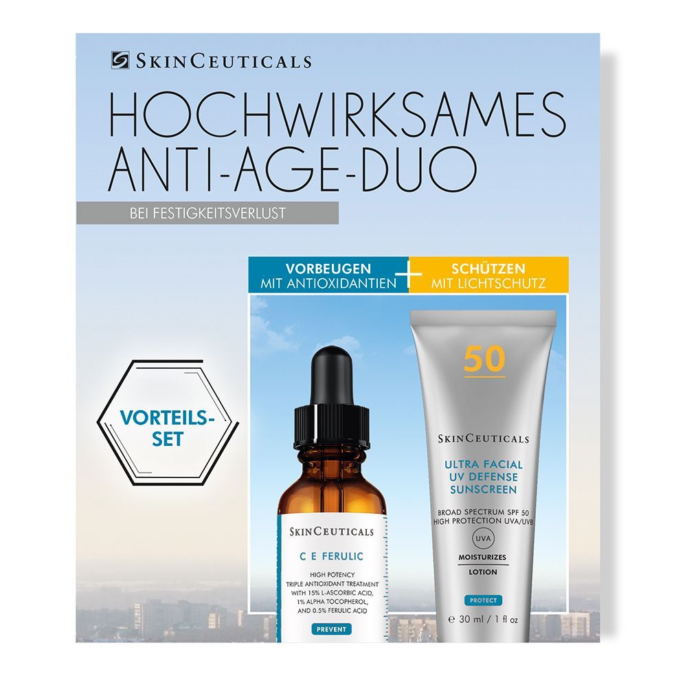 Coffret Duo Anti-Âge. Comprend une bouteille marron avec pipette et un tube de protection solaire. Texte : SkinCeuticals.