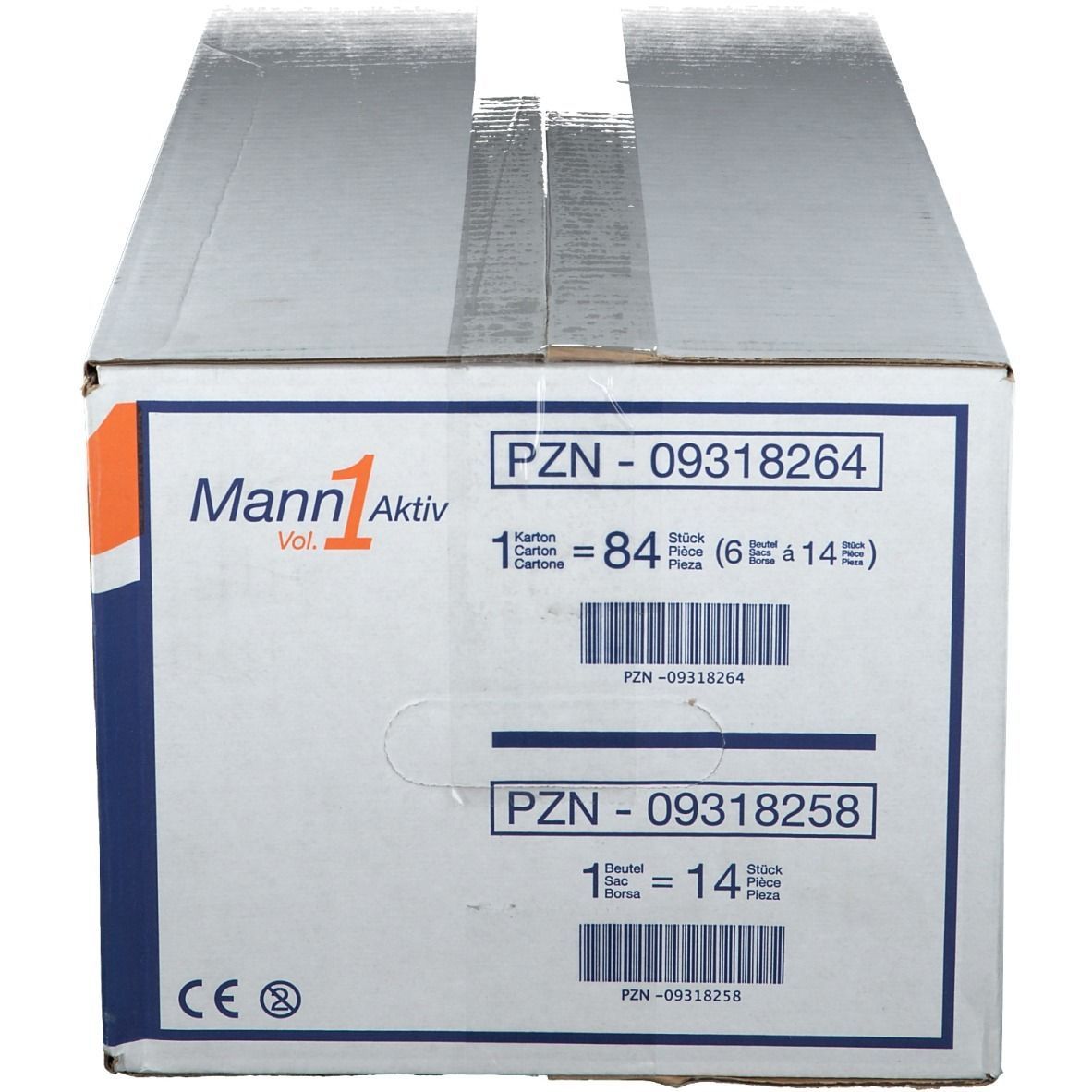 Karton mit Produktinformationen. Aufschrift: Mann Aktiv Vol. 1, PZN-Nummern, Stückzahlen, CE-Zeichen.