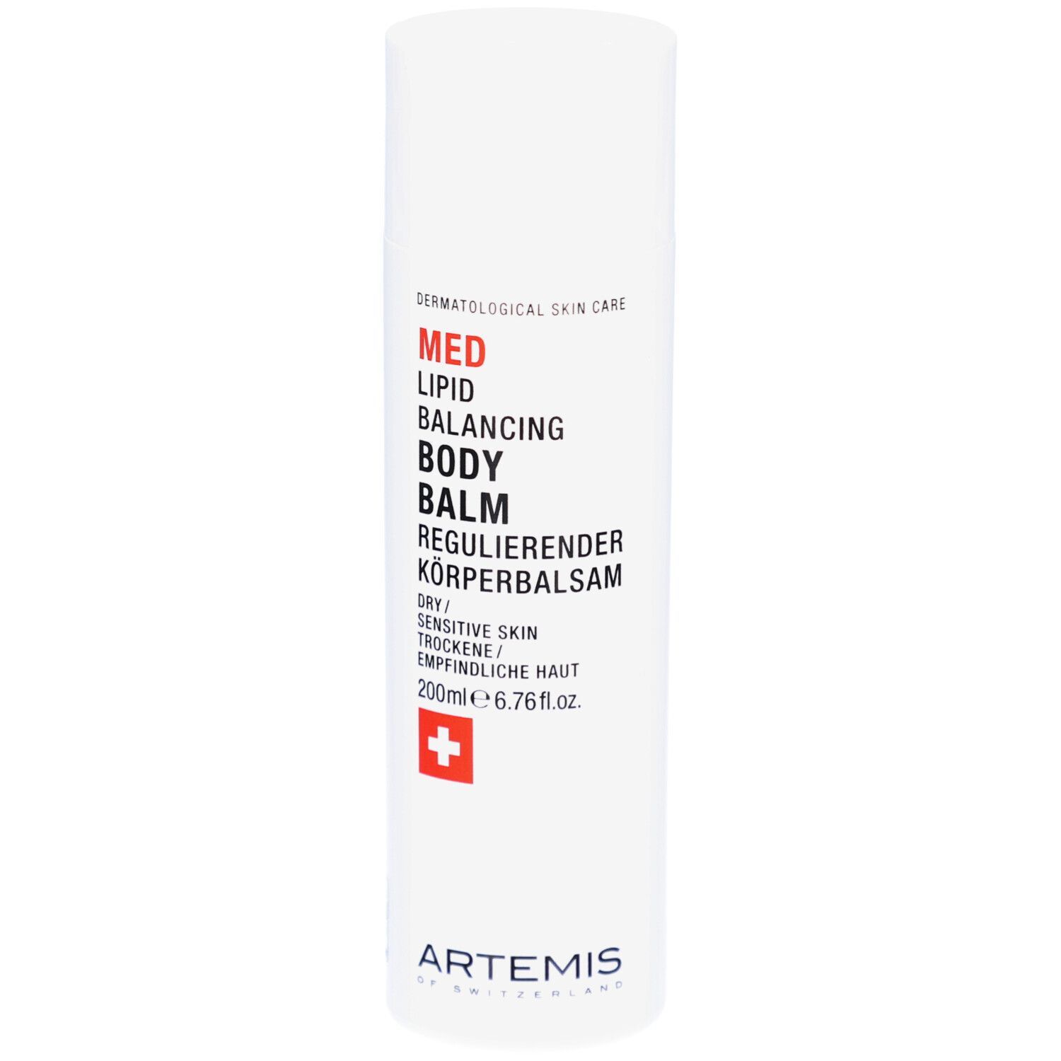 Flacon blanc avec texte rouge et noir. MED Lipid Balancing Body Balm. Croix suisse. 200ml.