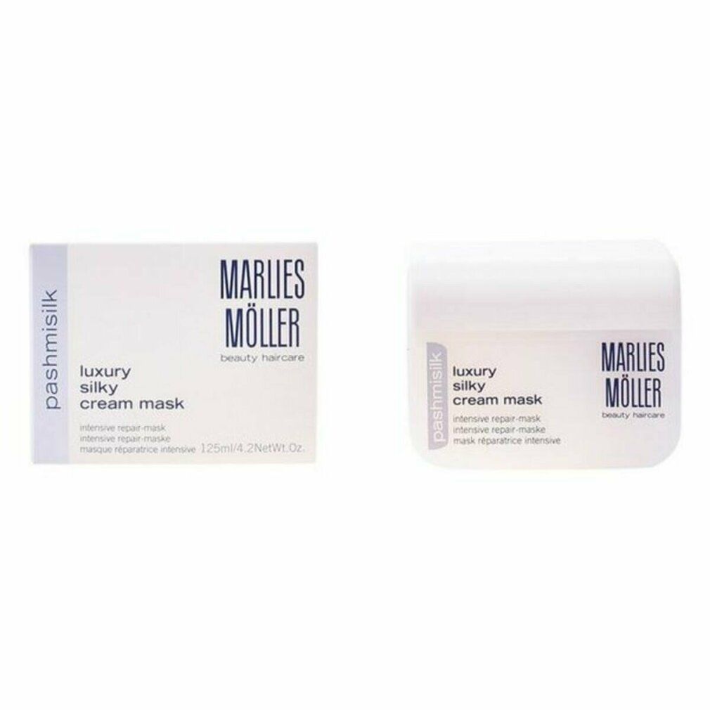 Produktverpackung und Tiegel. Aufschrift: Marlies Möller, Pashmisilk, Luxury Silky Cream Mask. Intensive Repair-Maske. 125ml/4.2Net Wt Oz.