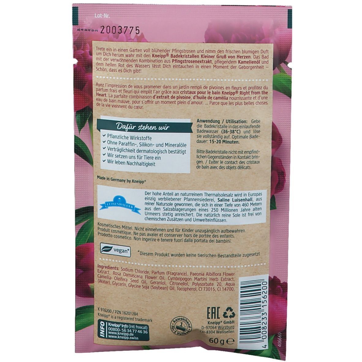 Dos d'un sachet rose avec logo Kneipp et fleurs. Texte : Ingrédients, utilisation, vegan. Contient 60g. Labels : compétence naturelle, Fabriqué en Allemagne.