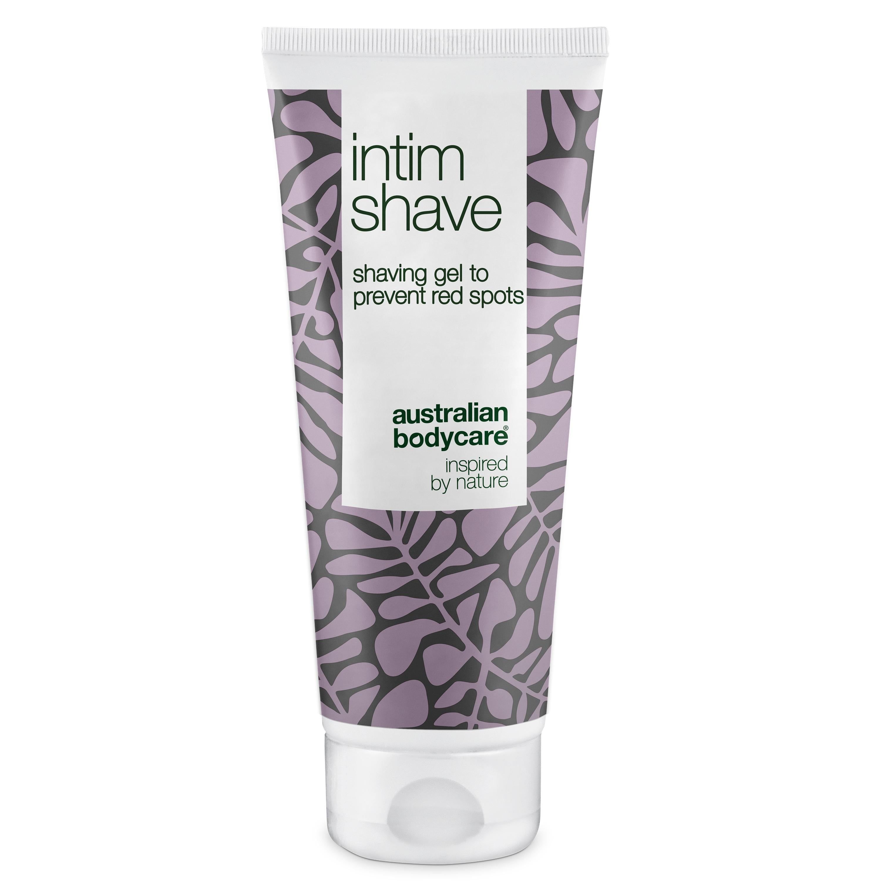 Tube mit Rasiergel. Aufschrift: Intim Shave, shaving gel to prevent red spots. Marke: Australian Bodycare.