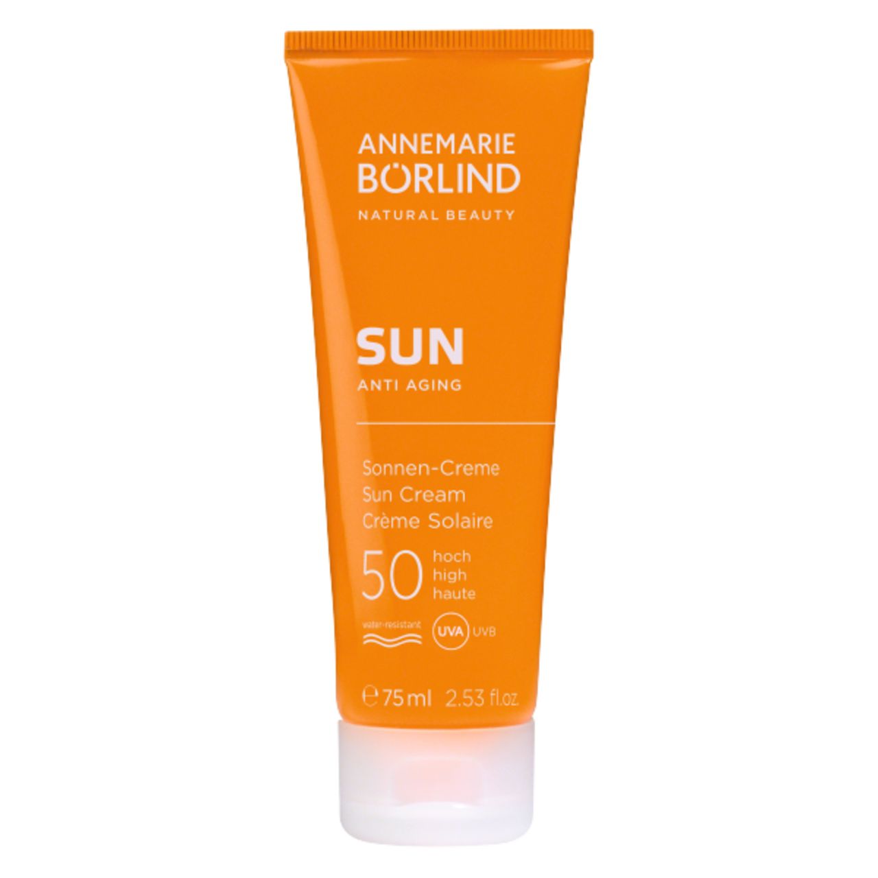 Orange Tube Sonnencreme. Text: ANNEMARIE BÖRLIND SUN Anti-Aging, LSF 50. Wasserfest. 75 ml.