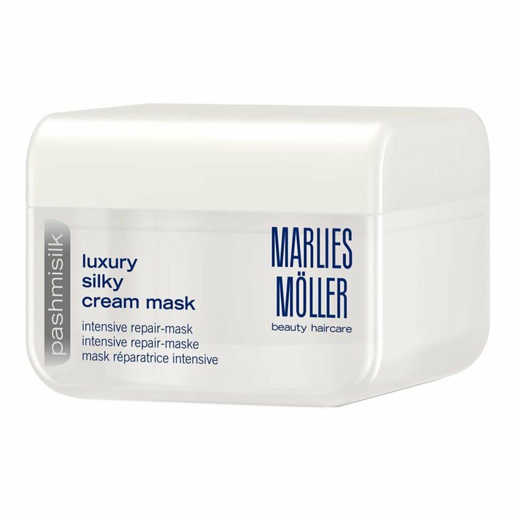 Weißer, rechteckiger Tiegel. Aufschrift: Marlies Möller, Pashmisilk, Luxury Silky Cream Mask. Intensive Repair-Maske.