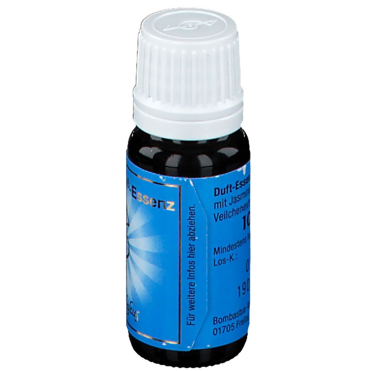 Flacon en verre brun avec bouchon blanc. Étiquette bleue avec nom et texte du produit. "Duft-Essenz" et "10 ml e" visibles.