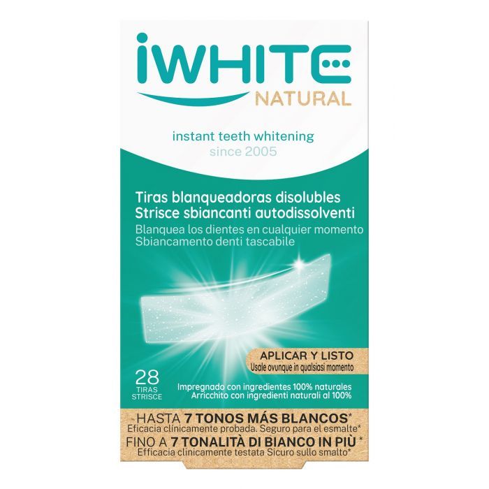 Schachtel mit iWhite Natural-Zahnaufhellungsstreifen. Enthält 28 Streifen. Text: "Instant Teeth Whitening".