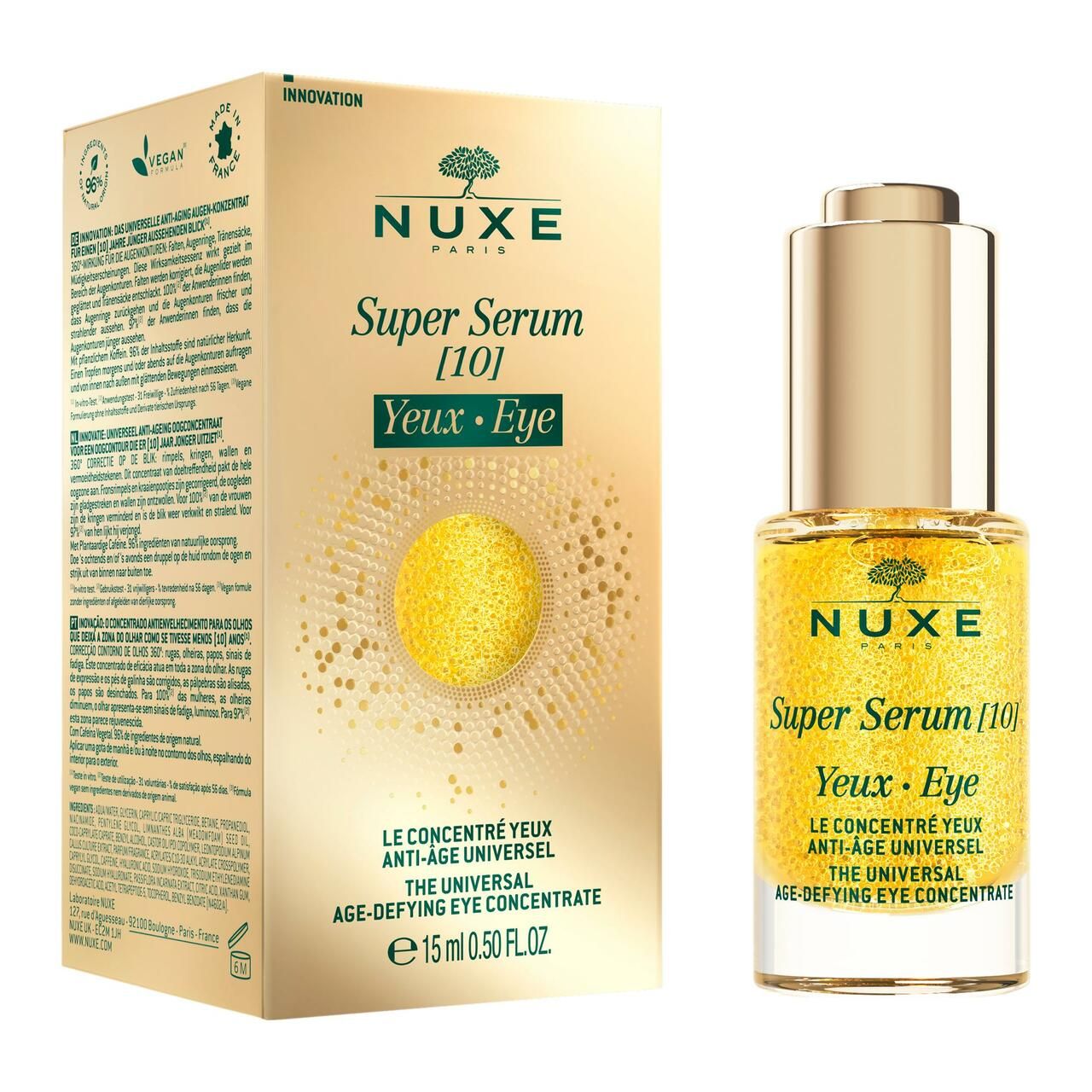 Goldfarbene Flüssigkeit mit Pipette. Aufschrift: NUXE Super Serum [10] Yeux • Eye.