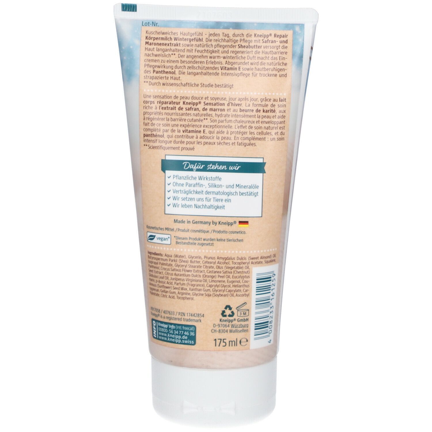 Rückseite der Kneipp Repair Körpermilch Wintergefühl Tube. Text mit Inhaltsstoffen, Herstellerinformationen und Nachhaltigkeitssymbolen.