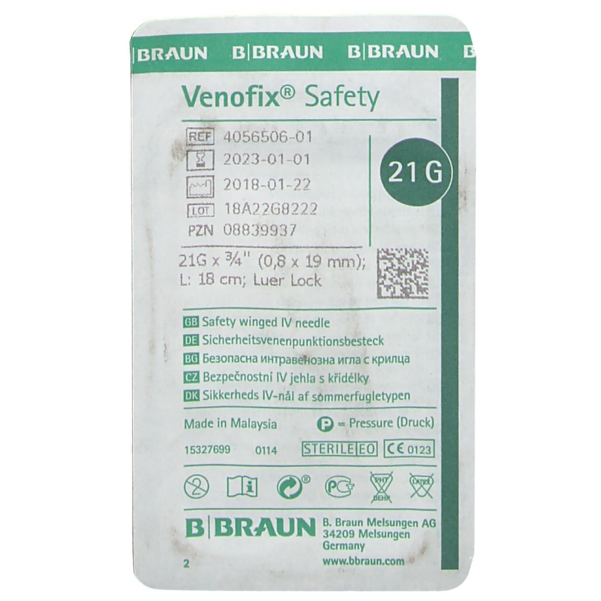Emballage de Venofix® Safety. Emballage vert et blanc avec informations produit et marquage CE.