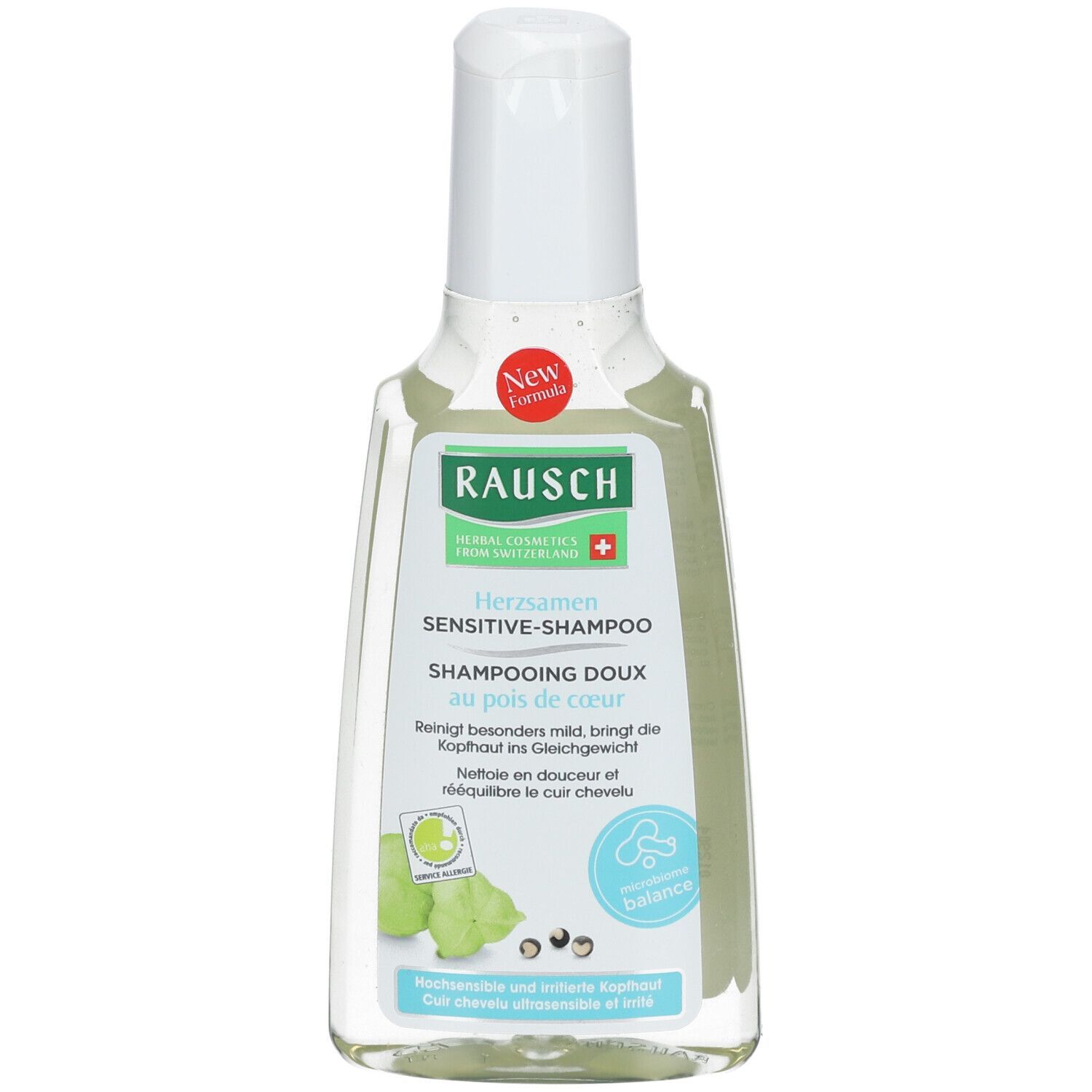 Flacon transparent avec bouchon blanc. Inscription: RAUSCH Herzsamen Sensitive-Shampoo. Avec logo et illustration.