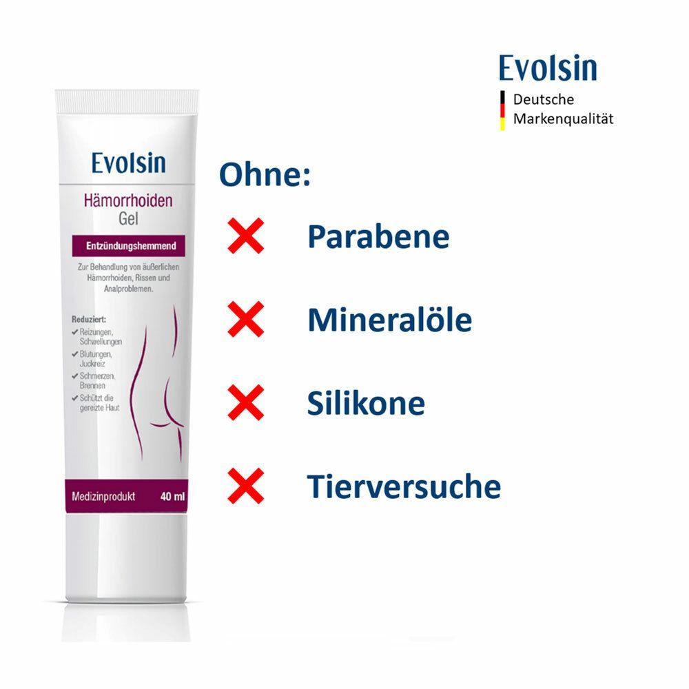 Tube de gel. Inscription : Evolsin® Gel Hémorroïdes. Sans : parabènes, huiles minérales, silicones, tests sur animaux. 40 ml.