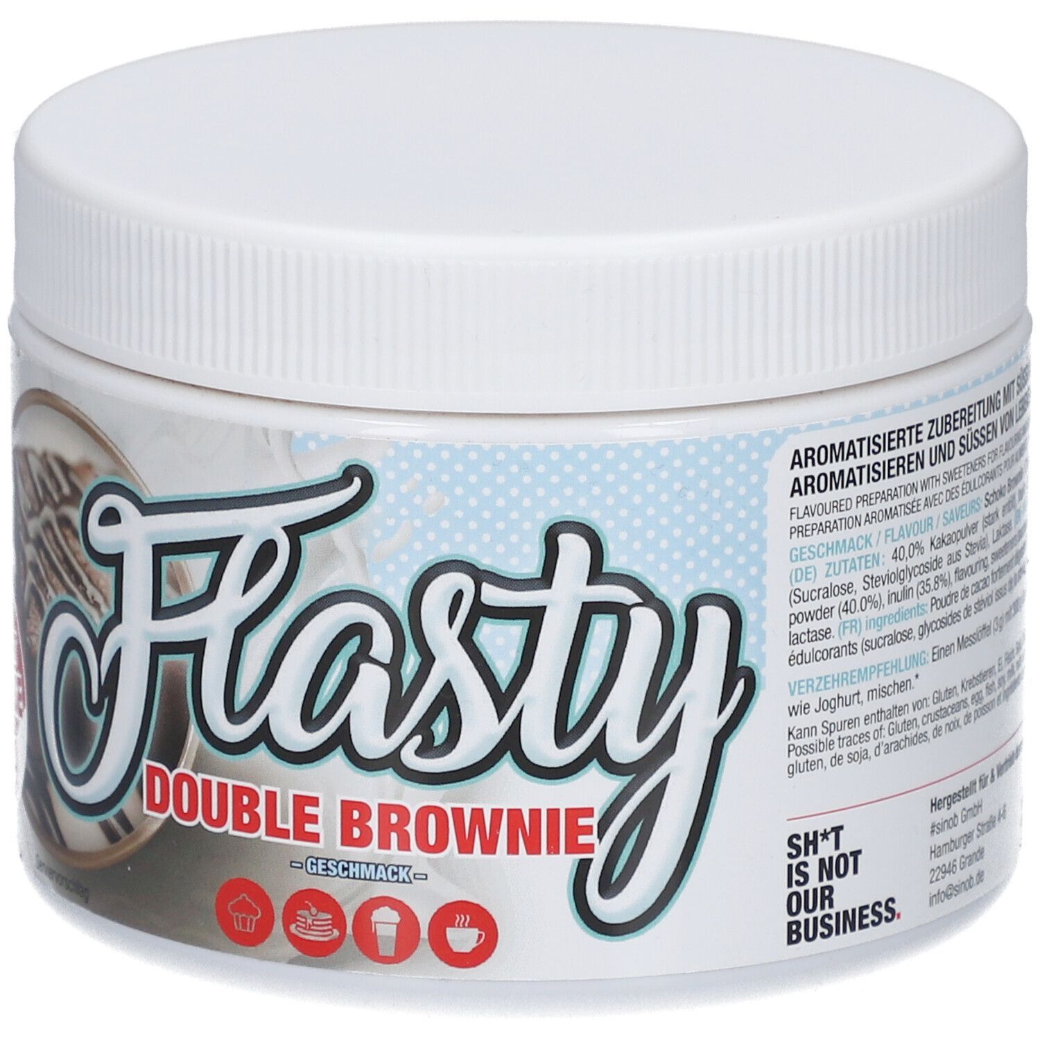 Weißes, rundes Gefäß mit Deckel. Aufschrift "Flasty Double Brownie Geschmack". Produktname: Flasty. Text: "SHT IS NOT OUR BUSINESS".