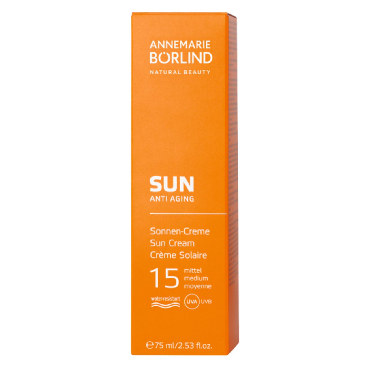 Orangefarbene Verpackung für Sonnencreme. Text: SUN ANTI AGING, LSF 15. Ohne Mikroplastik.