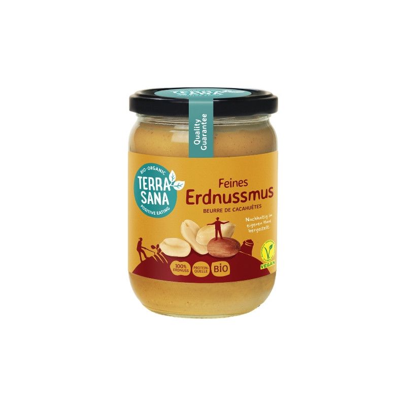 Pot de beurre de cacahuète. Étiquette "Feines Erdnussmus", cacahuètes et "Terra Sana". Bio.