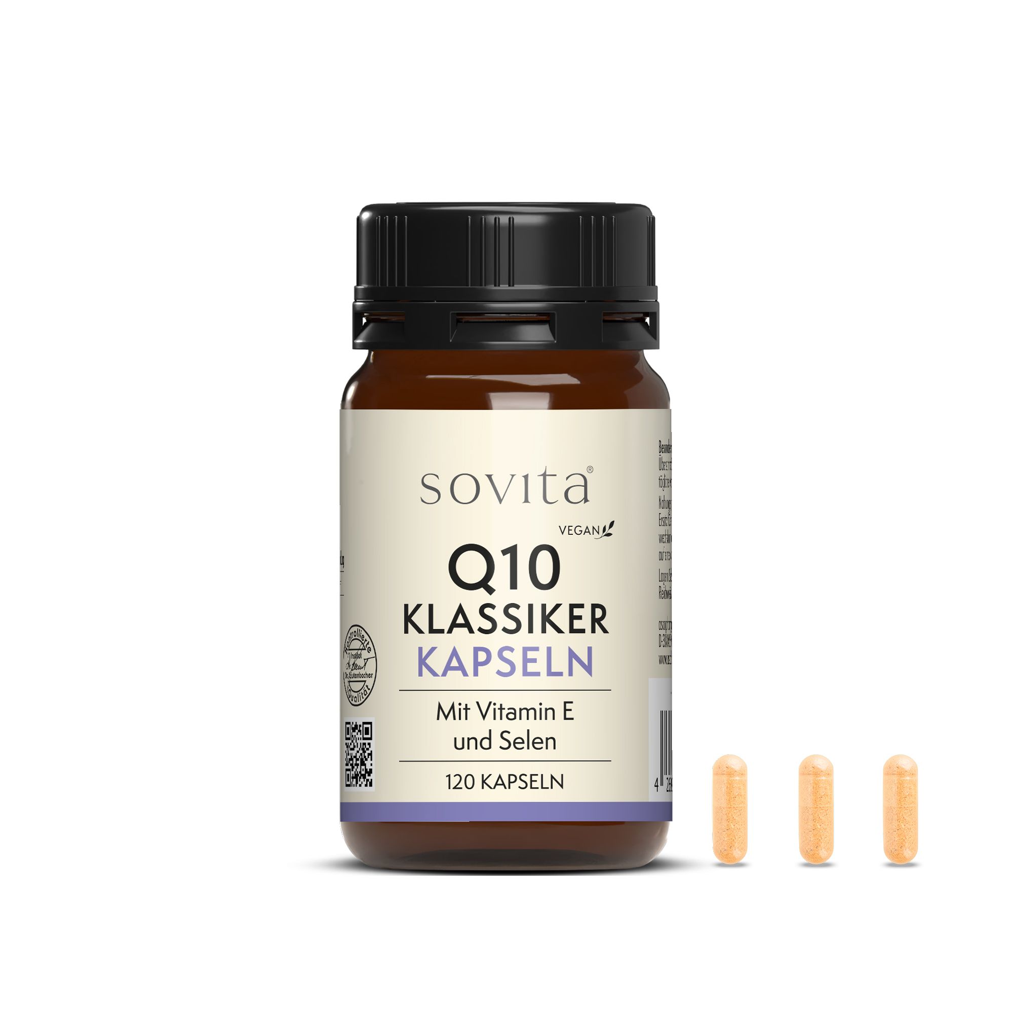 Flacon en verre brun avec bouchon noir. Étiquette avec informations produit. Texte: Q10 Klassiker Kapseln, 120 gélules. Vegan. 3 gélules à côté.