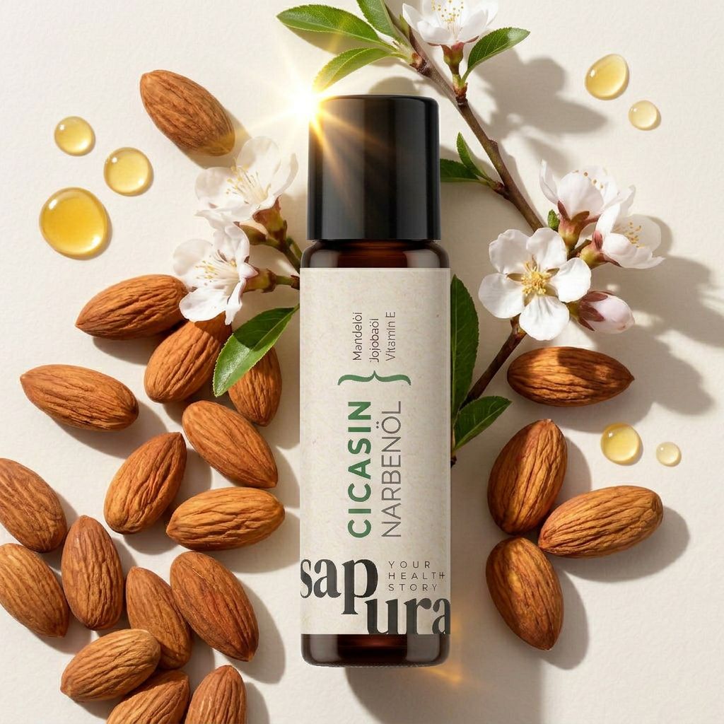 Bouteille d'huile cicatricielle entourée d'amandes, de fleurs et de gouttes d'huile. L'étiquette indique "CICCASIN NARBENÖL".