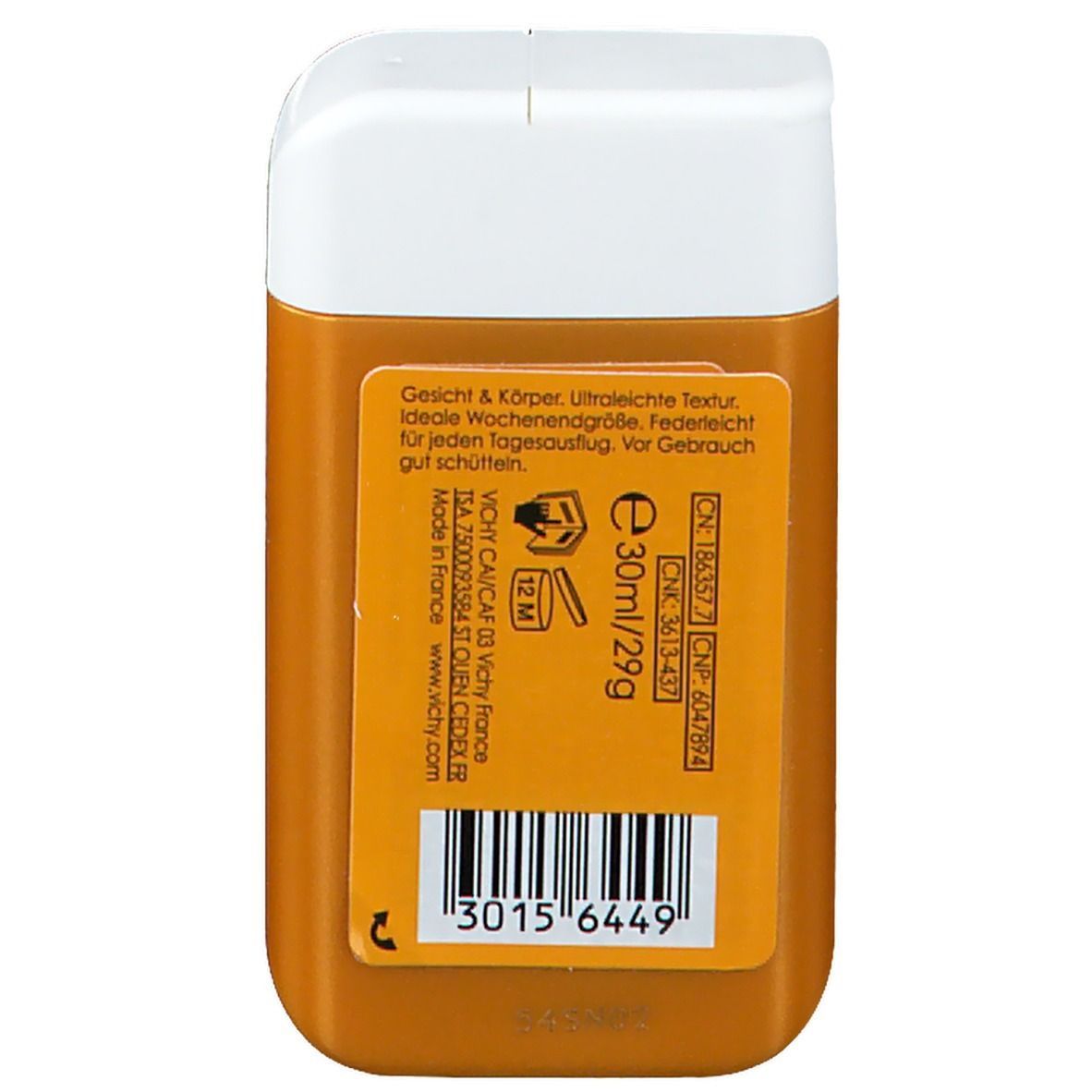 Flacon de fluide solaire orange et blanc. Texte et code-barres sur l'étiquette. Contenance 30ml.