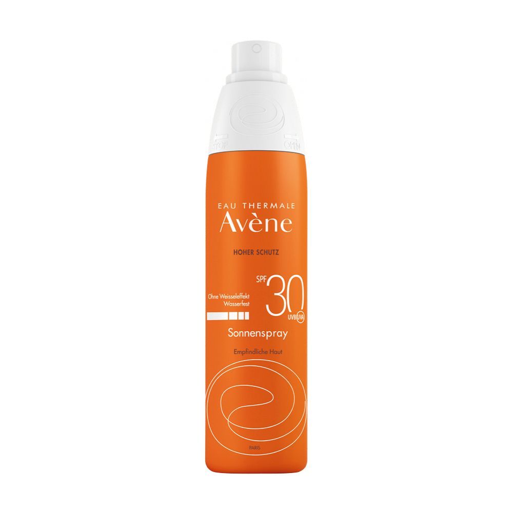 Flacon spray orange avec bouchon blanc. Inscription: Eau Thermale Avène, Sonnenspray SPF 30. Vue du produit.