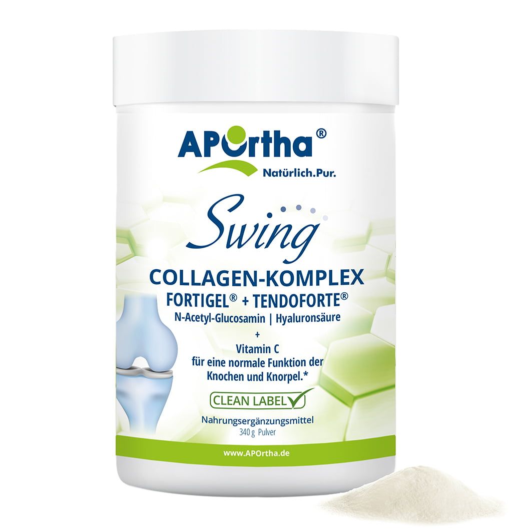 Poudre blanche à côté d'un pot. Pot avec APOrtha Swing Collagen-Komplex, texte et illustration d'une articulation du genou. 340g de poudre.