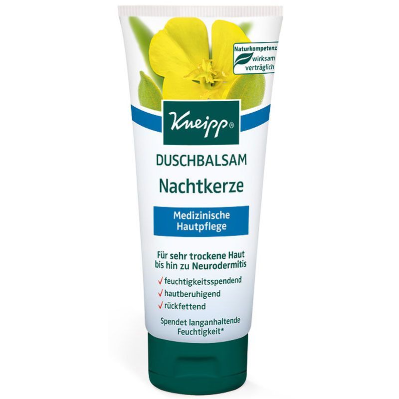 Tube blanche et bleue de Kneipp Duschbalsam Nachtkerze. Inscription: Soin médical de la peau. Motif floral et feuilles. Bouchon vert et blanc.