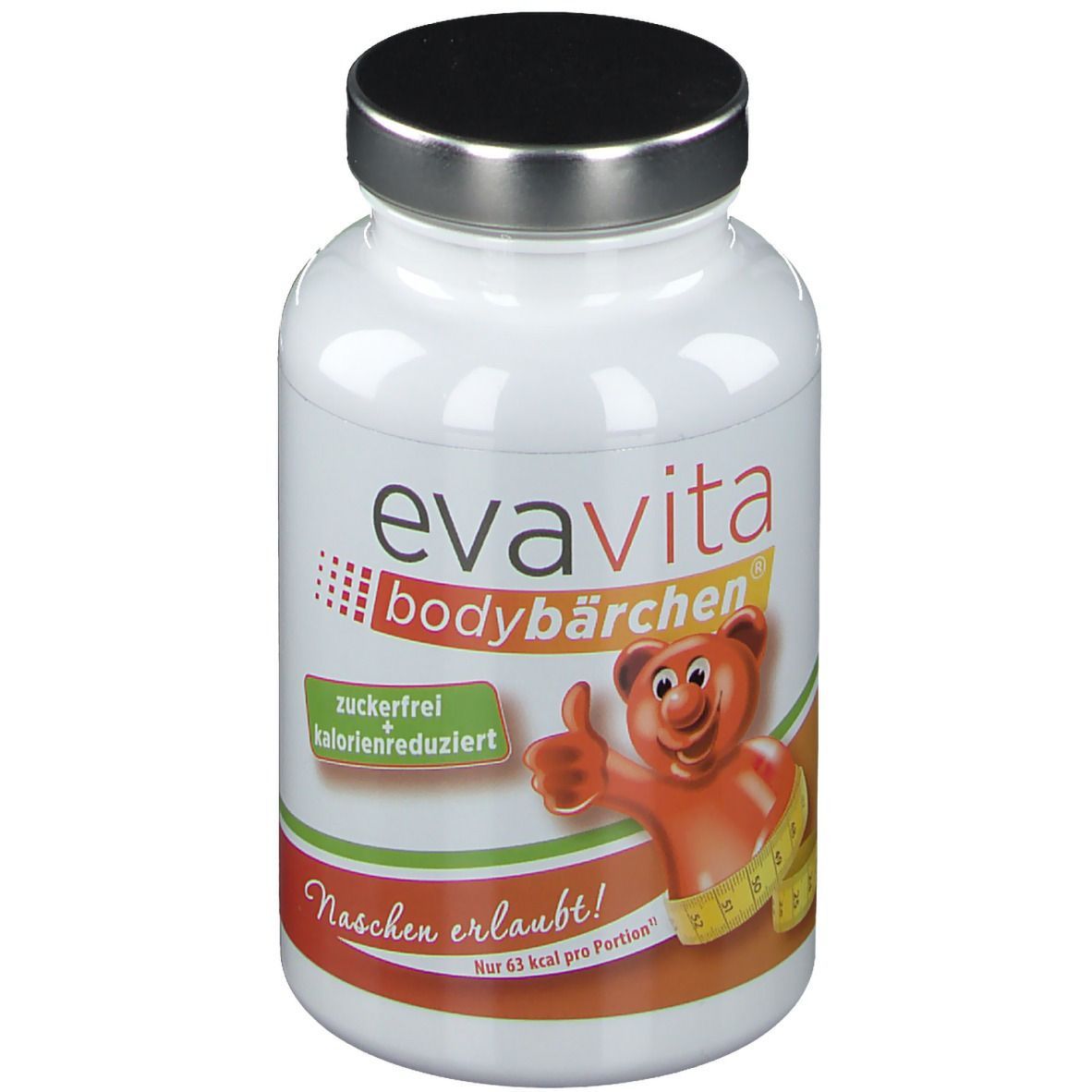 Flacon blanc avec couvercle noir. Inscription : evavita bodybärchen, sans sucre, réduit en calories. Ours avec mètre ruban.