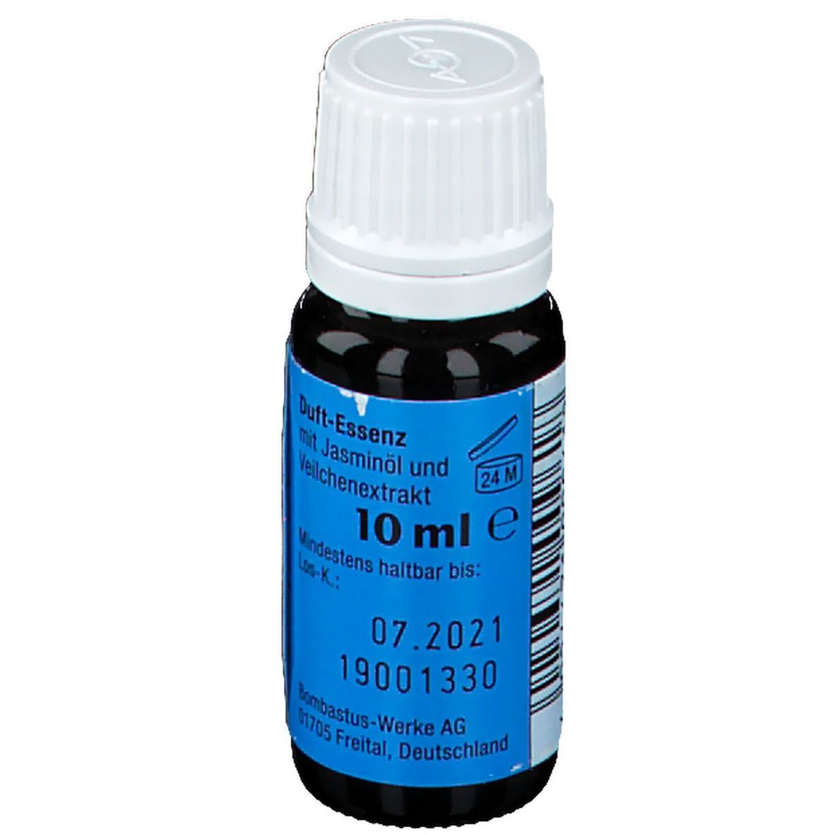 Flacon en verre brun avec bouchon blanc. Étiquette bleue avec informations produit. "Duft-Essenz" et "10 ml e" clairement visibles.