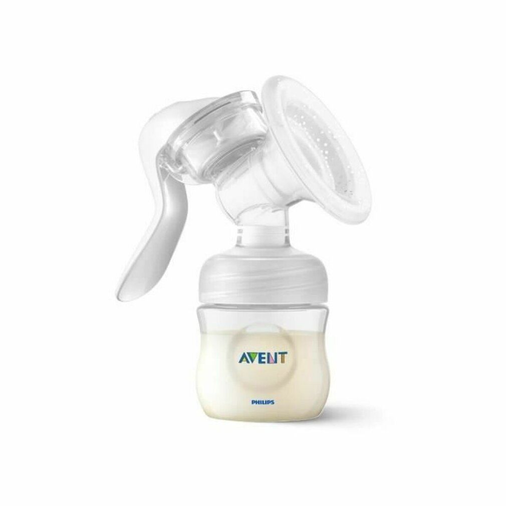 Manuelle Milchpumpe Philips Avent. Besteht aus Pumpe, Flasche, Brusthaube und Deckel. Aufschrift: PHILIPS AVENT.
