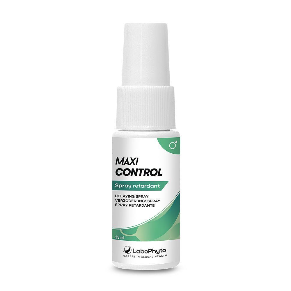 Weißes Spray mit grünen Akzenten. Aufschrift: MAXI CONTROL, Spray retardant. Logo Labophyto. 15 ml.