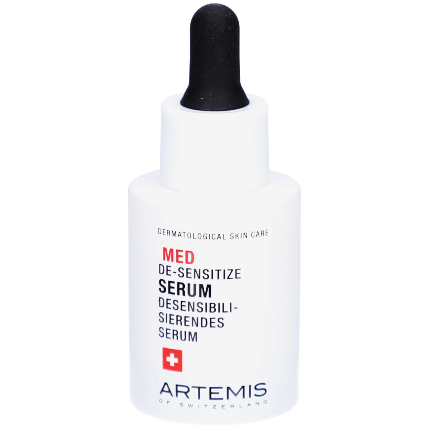 Weiße Flasche mit schwarzer Pipette. Aufschrift: MED DE-SENSITIZE SERUM. Rotes Kreuz und ARTEMIS.