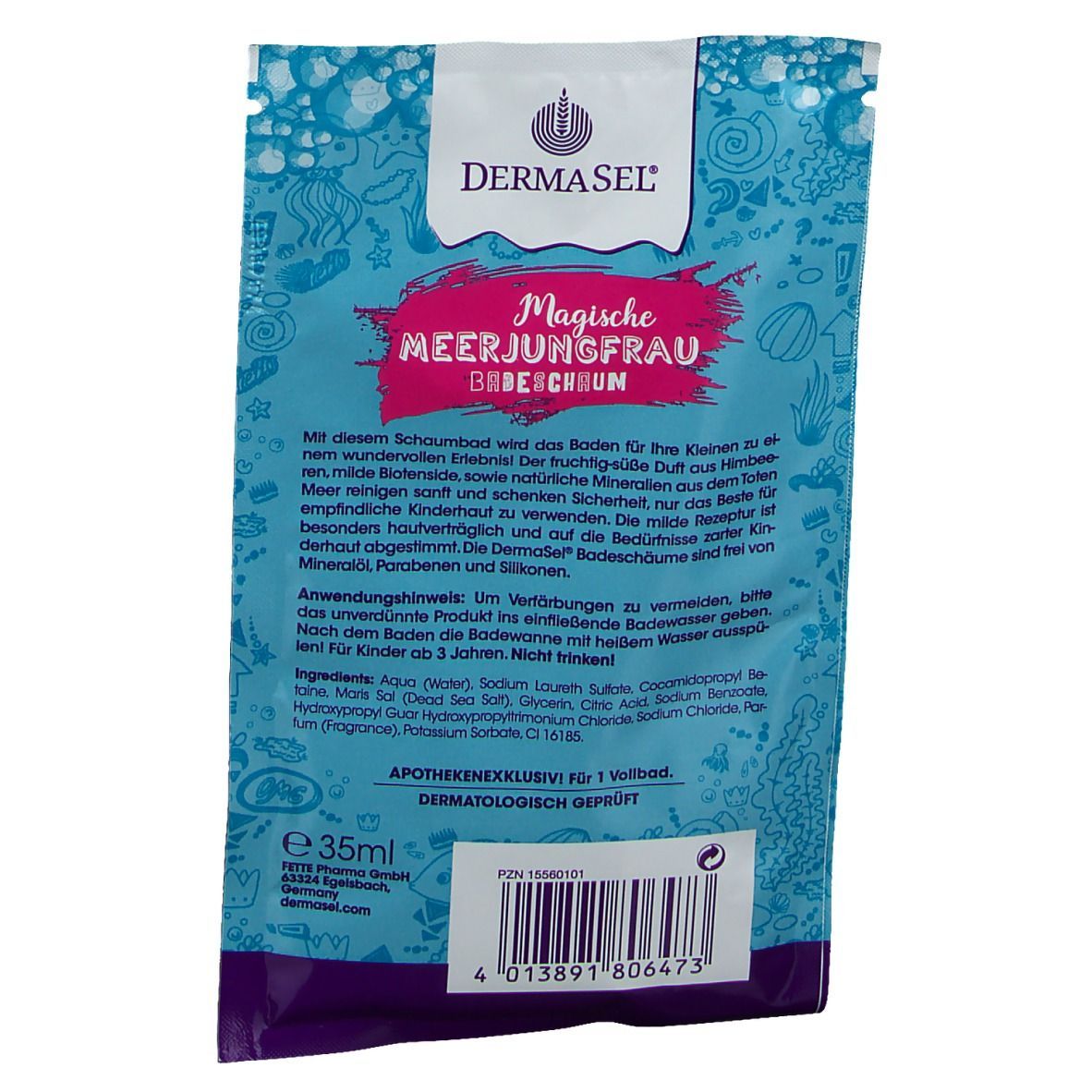 DERMASEL Bain moussant Sirène. Emballage bleu avec texte et informations sur le contenu. 35ml.