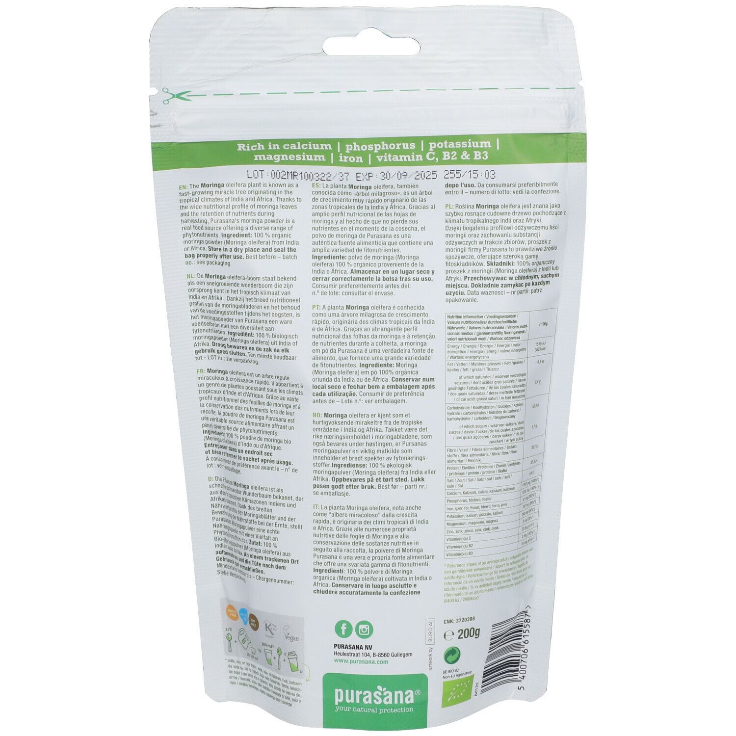 Rückseite der purasana® Moringa-Pulver-Verpackung. Enthält Informationen und Nährwertangaben.