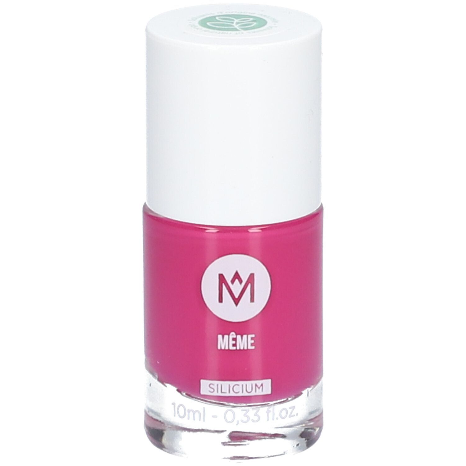 Nagellackflasche, bonbonrosa. Weißer Deckel, transparente Glasflasche. Logo MÊME, Schriftzug SILICIUM.