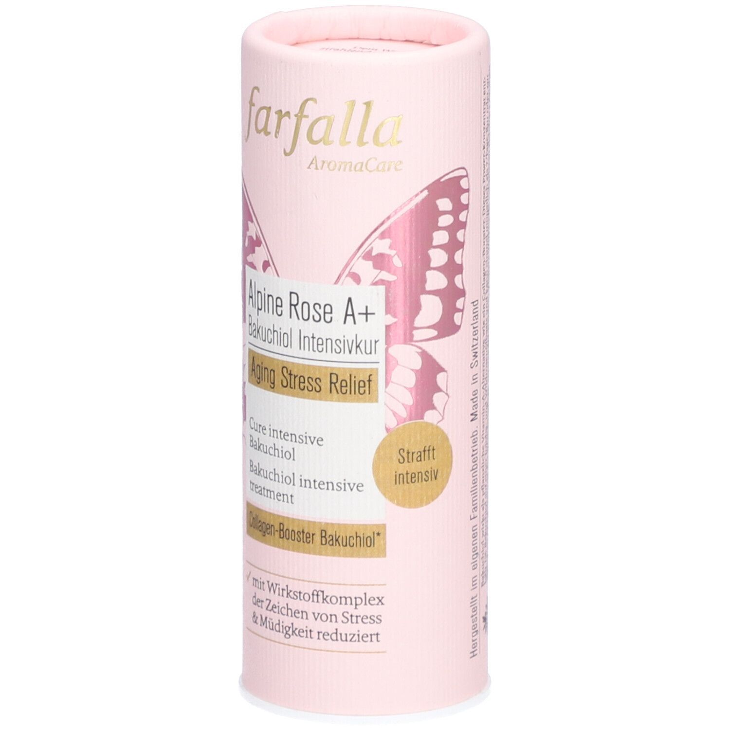 Rosa zylindrische Verpackung mit Produktnamen und Schmetterlingsdesign. Enthält "Alpine Rose A+" und "Aging Stress Relief".