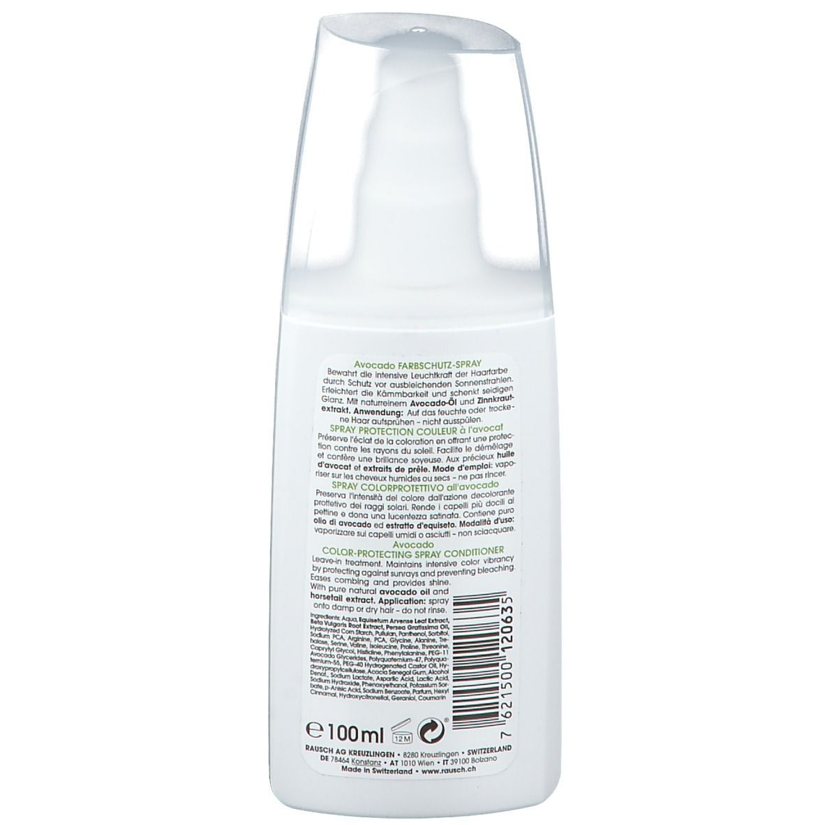 Weisse Flasche mit Sprühkopf. Text in mehreren Sprachen. Aufschrift: Avocado Farbschutz Spray. 100ml.