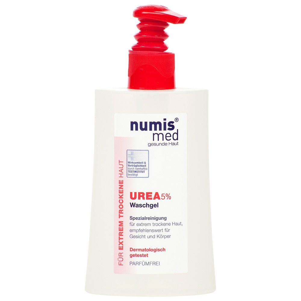 Gel lavant blanc avec pompe rouge. Inscription : numis® med UREA 5% Waschgel. Pour peau très sèche.