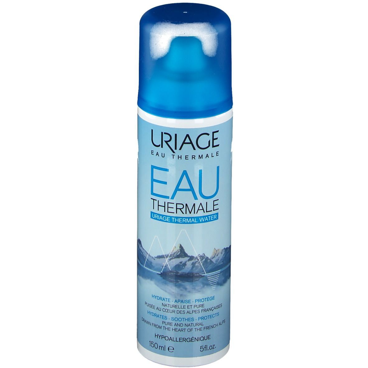 Spray Uriage Eau Thermale. Flacon bleu avec bouchon bleu. Nom du produit et montagnes. 150ml.