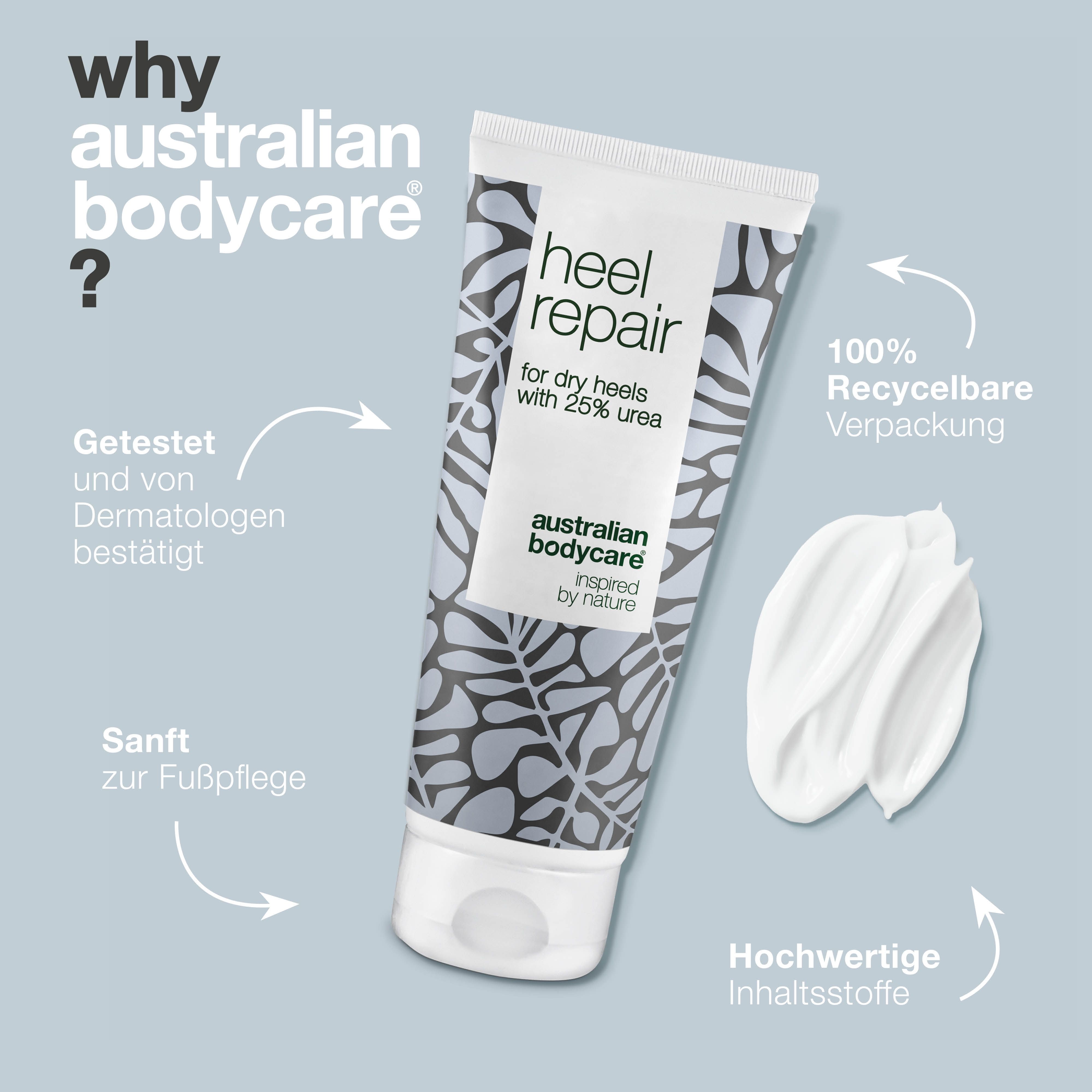 Creme-Tube: Heel Repair, für trockene Fersen, 25% Urea. Marke: Australian Bodycare. Text: Warum Australian Bodycare? Creme.