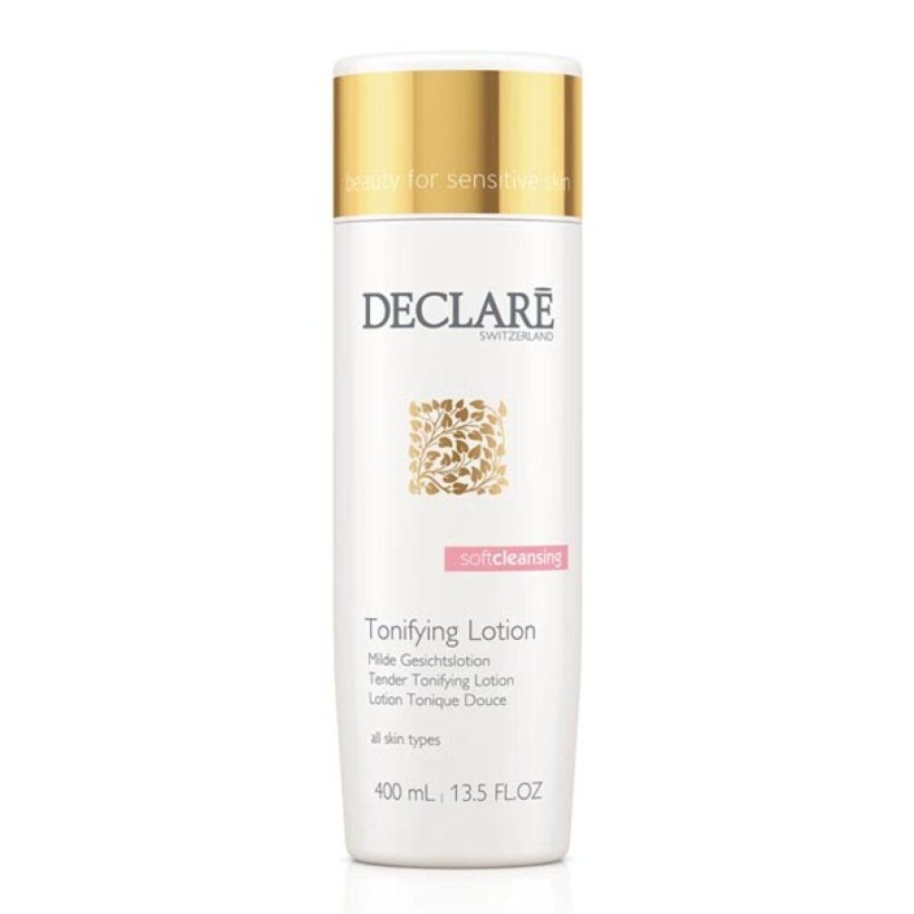 Weiße Flasche DECLARÉ Toning Lotion. Aufschrift: Soft Cleansing, Toning Lotion. 400ml. Für alle Hauttypen.