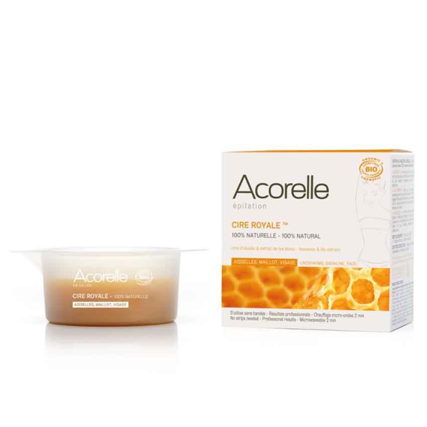 Cire Royal Acorelle. Cire dans un récipient et emballage. Emballage avec logo et texte. Certification bio.