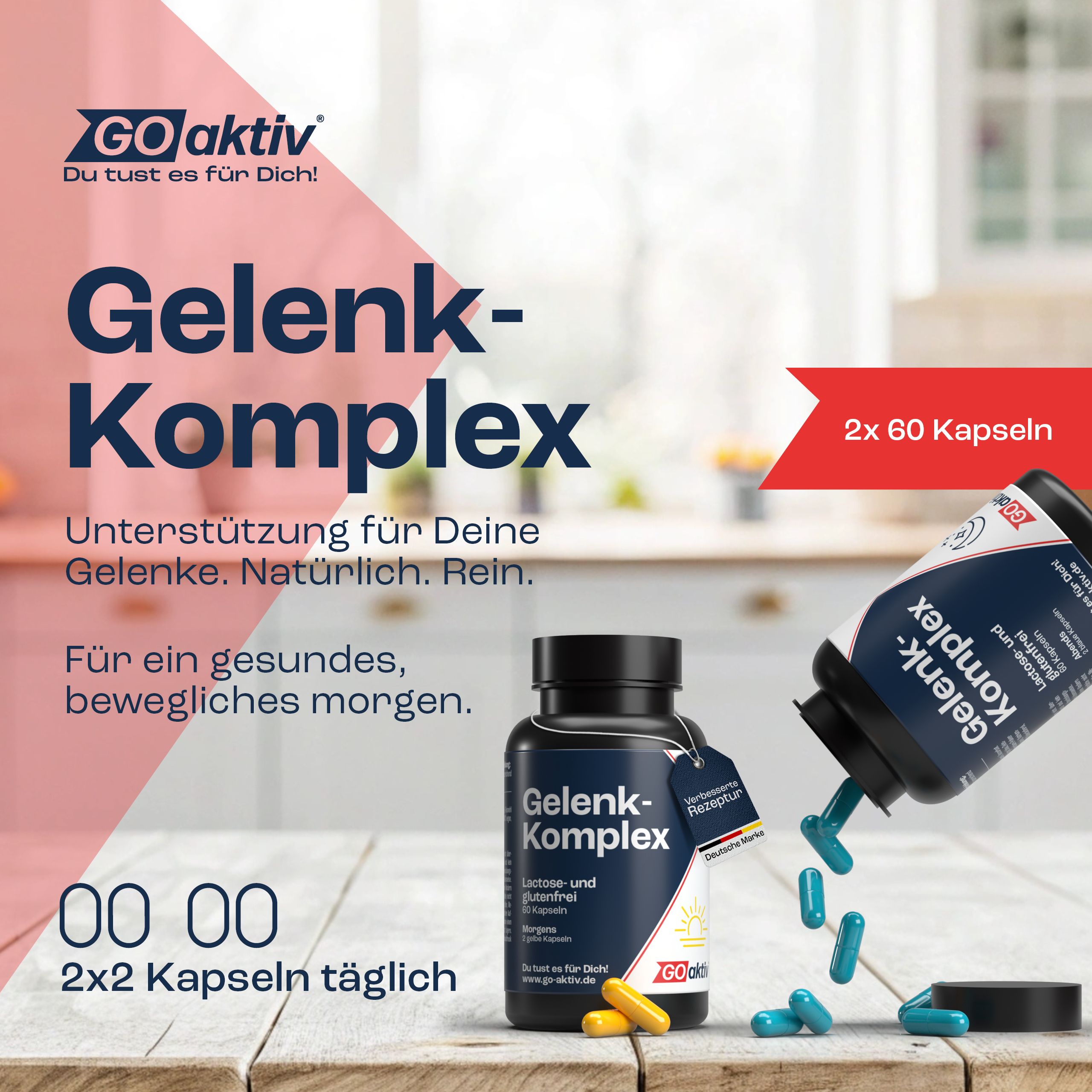 GOaktiv® Gelenk-Komplex, zwei Flaschen und Kapseln. Aufschrift: Gelenk-Komplex, lactose- und glutenfrei. 2x 60 Kapseln.