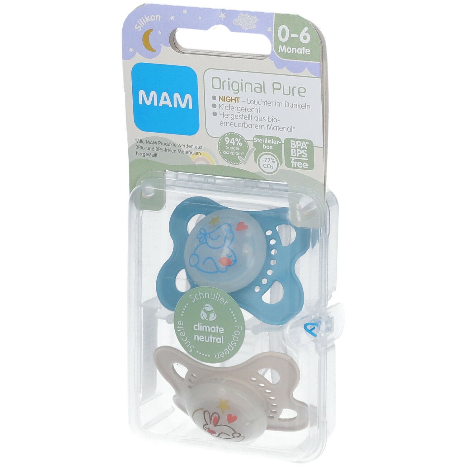 MAM Original Pure Night Silicone Tétines 0-6 garçon (couleur au choix)