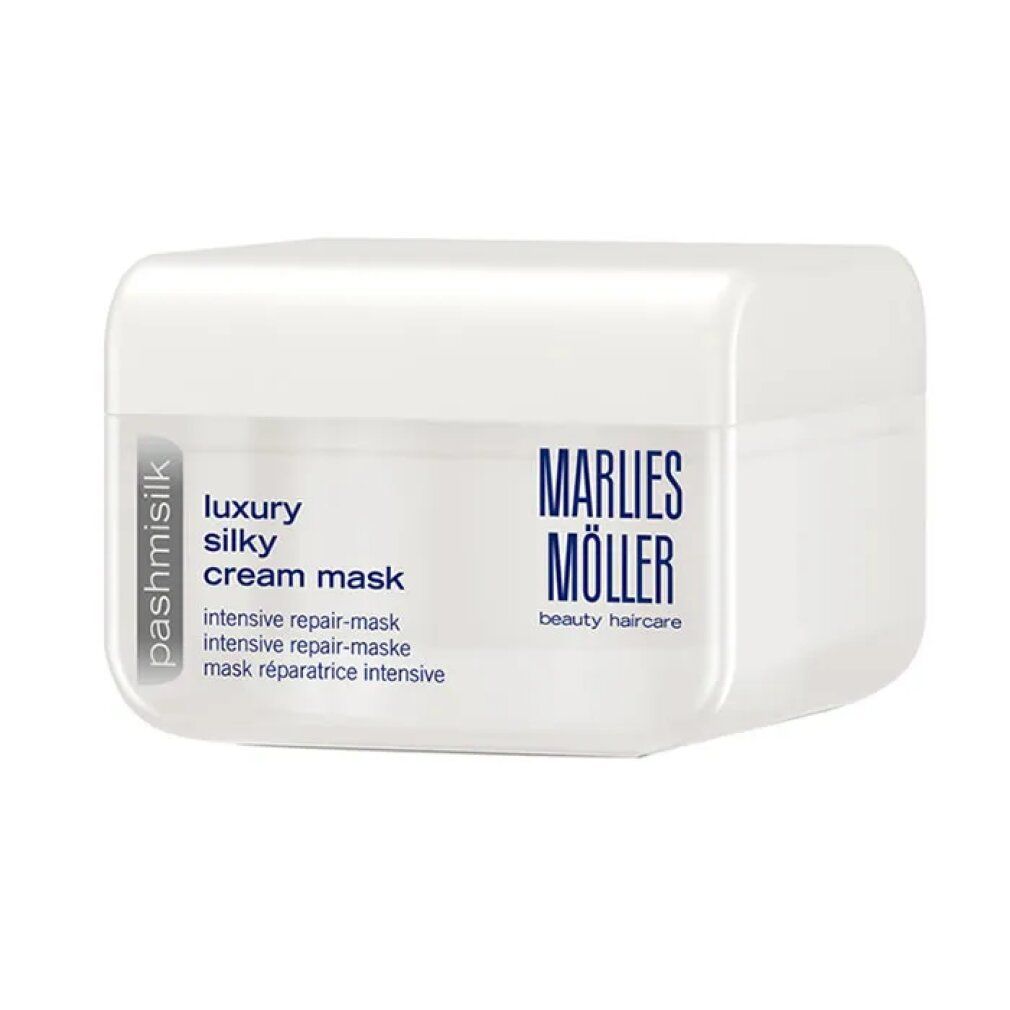 Weißer, rechteckiger Tiegel. Aufschrift: Marlies Möller, Pashmisilk, Luxury Silky Cream Mask. Intensive Repair-Maske.