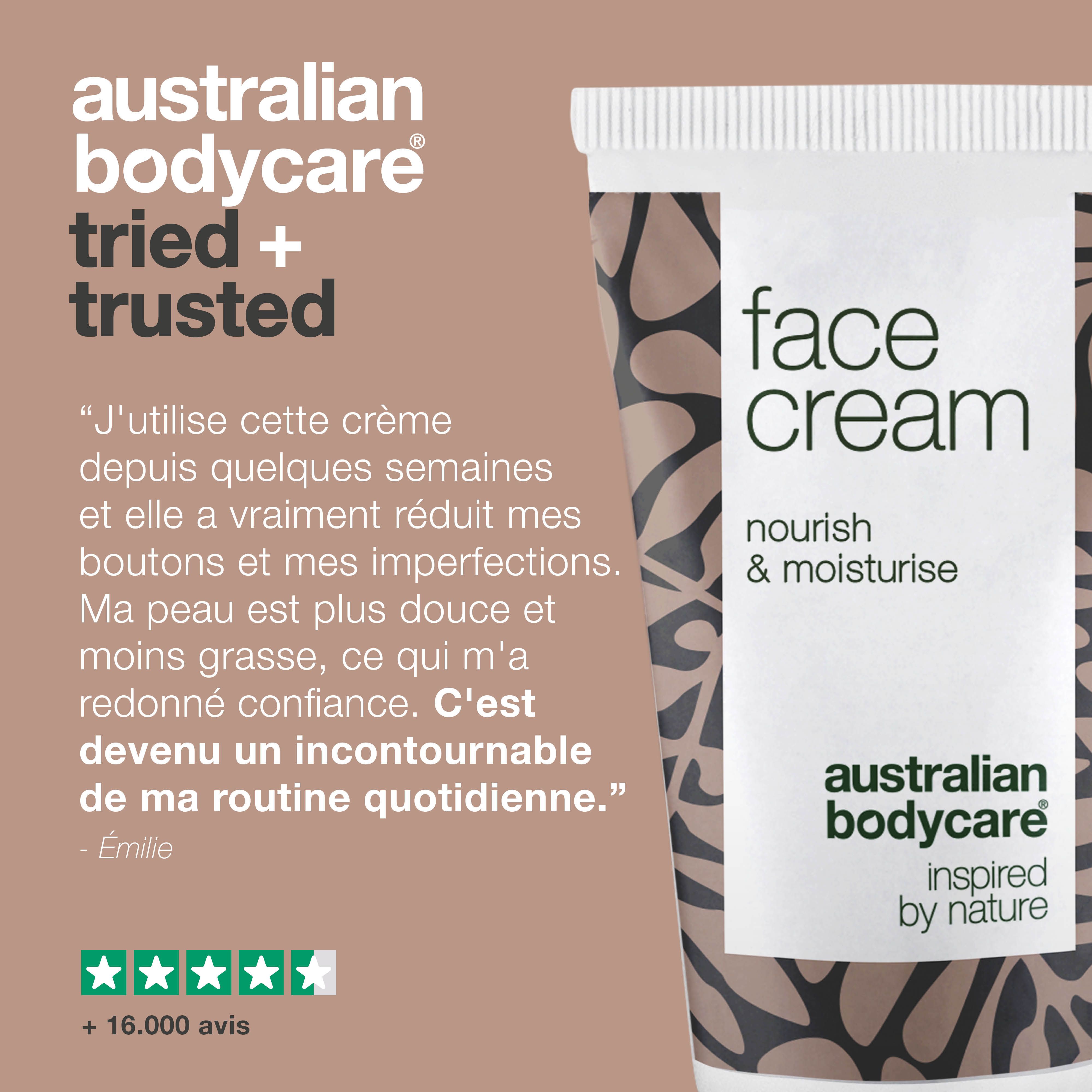 Tube Face Cream. Inscription : Australian Bodycare. Texte : Testé et approuvé. Avis clients.