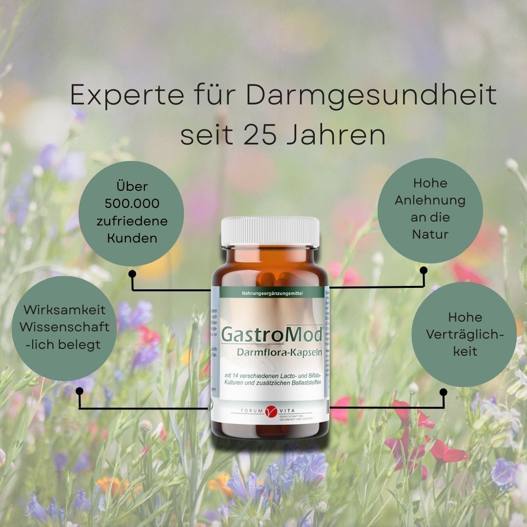 Braune Kapsel-Dose. Text: GastroMod Darmflora-Kapseln. Über 500.000 zufriedene Kunden. Hohe Verträglichkeit. Hohe Anlehnung an die Natur. Wissenschaftlich belegt.