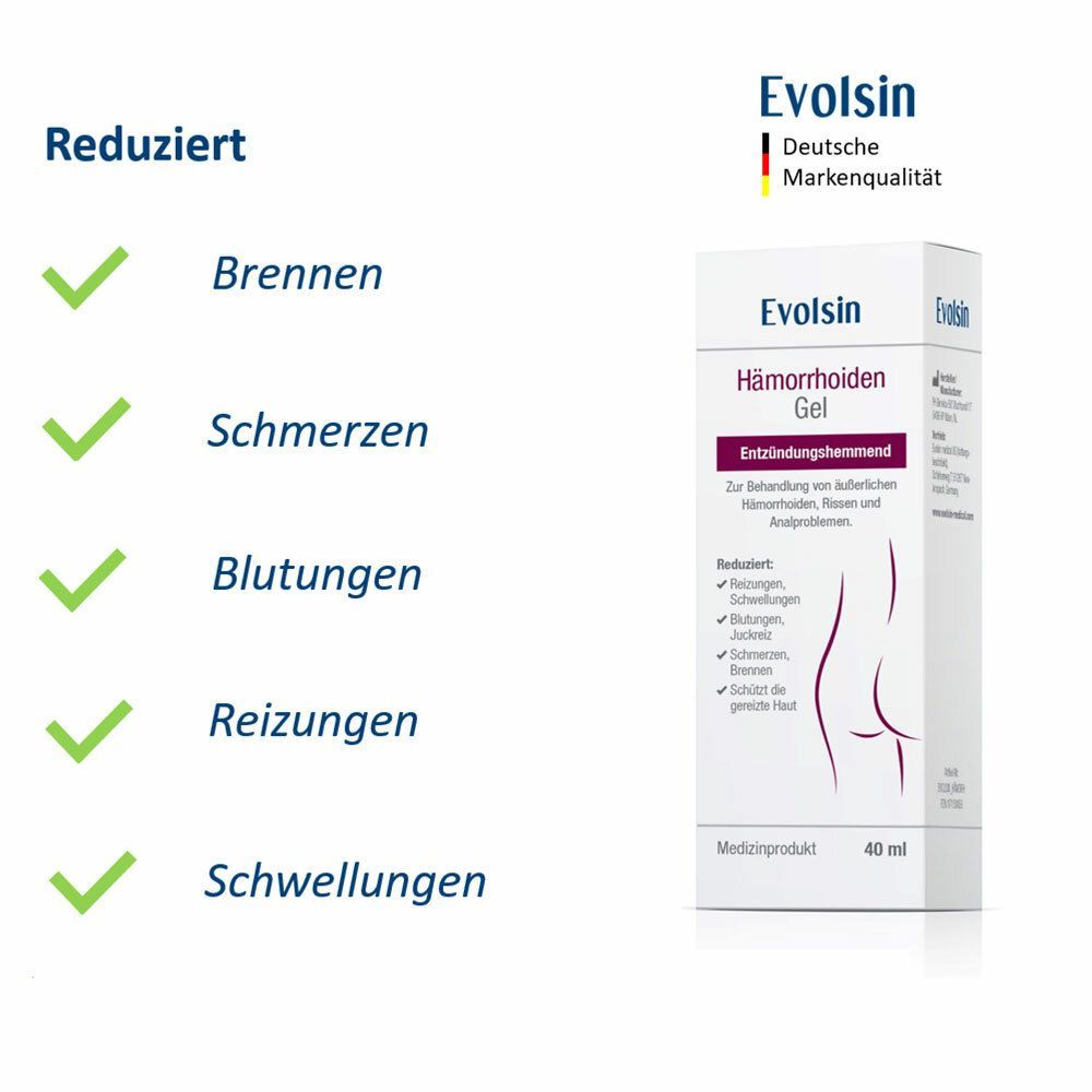 Boîte de gel. Inscription : Evolsin® Gel Hémorroïdes. Réduit brûlures, douleurs, saignements, irritations, gonflements. 40 ml.