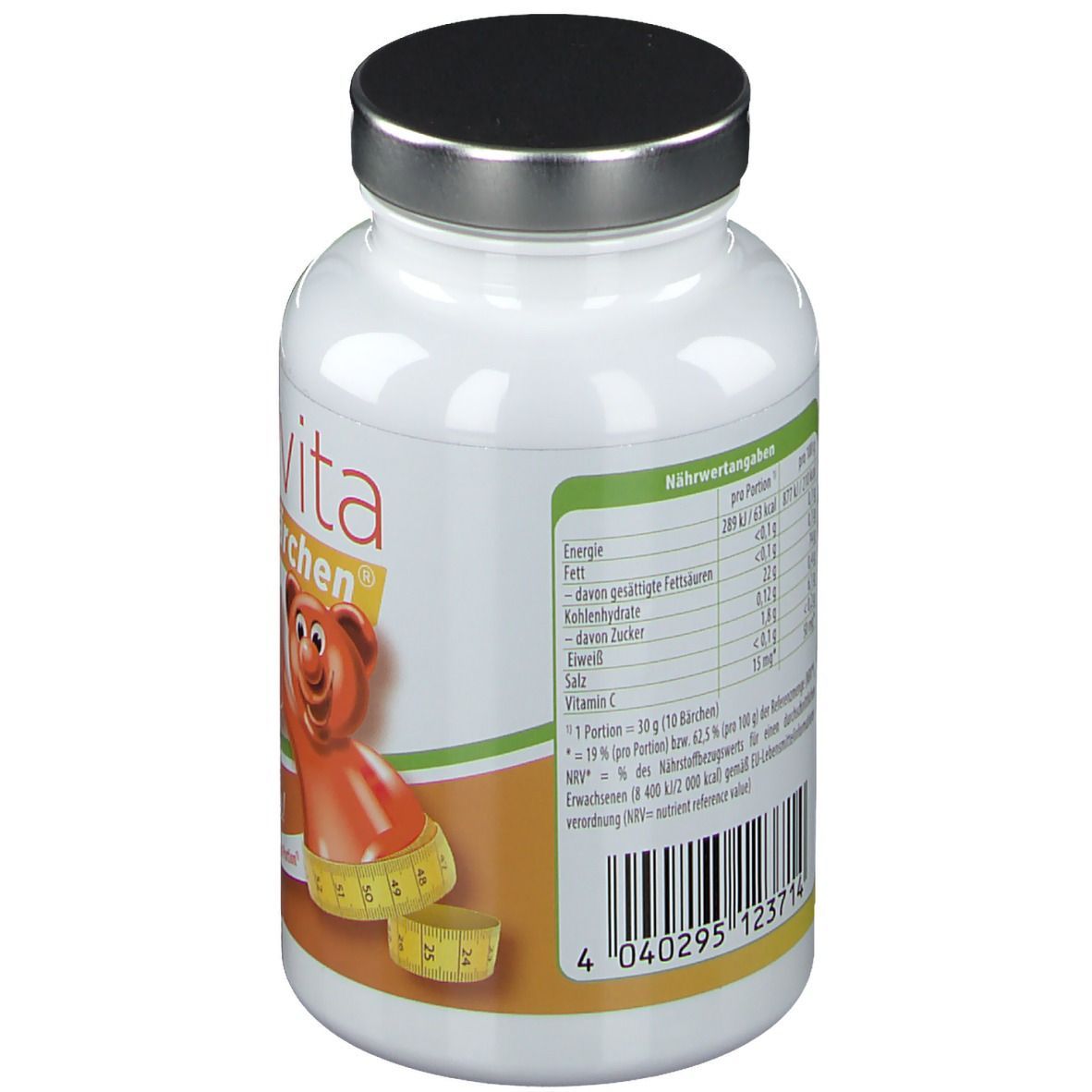 Flacon blanc avec couvercle noir. Dos avec informations nutritionnelles et ingrédients. Texte en allemand.