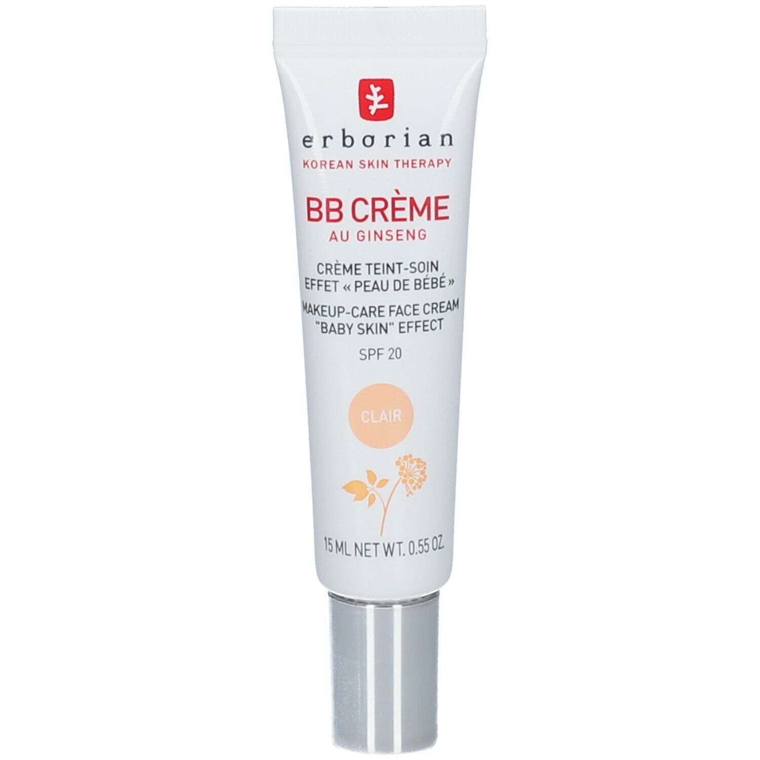 Weiße Tube mit silbernem Deckel. Aufschrift: BB Crème au Ginseng, Clair, SPF 20. 15 ml.
